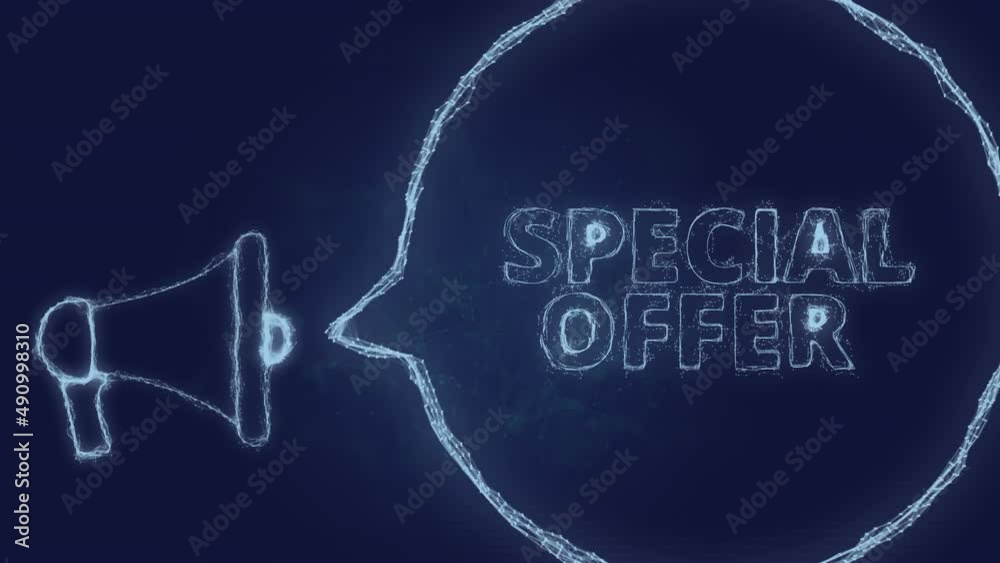 Poster Megaphone banner with speech bubble and text special offer. Plexus style of green glowing dots and lines