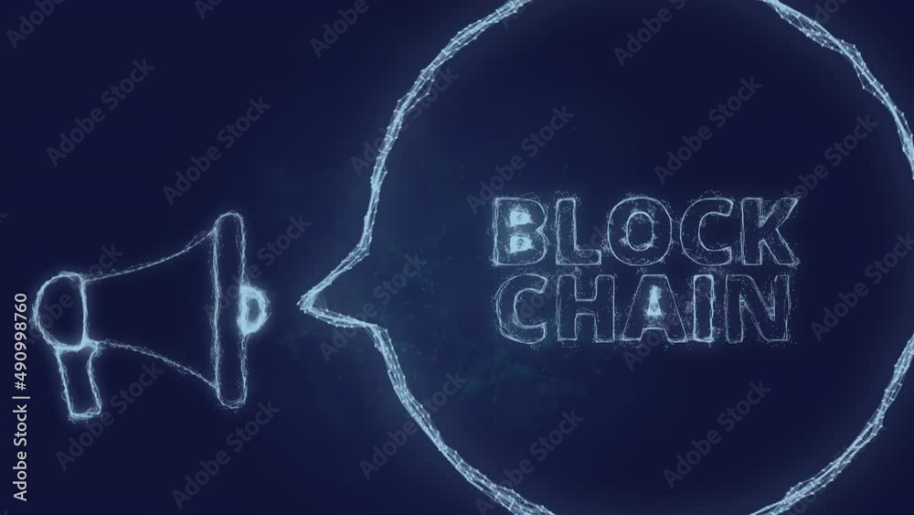 Poster Megaphone banner with speech bubble and text block chain. Plexus style of green glowing dots and lines