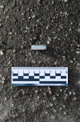 pistol case at the crime scene. forensic ruler