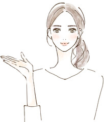 笑顔で紹介する女性のイラスト　幸せ　ポジティブに解決
