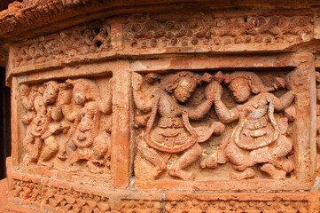 Figurines made of terracotta at Madanmohan Temple, Bishnupur , West Bengal, India .
