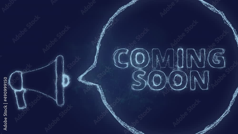 Poster Megaphone banner with speech bubble and text coming soon. Plexus style of green glowing dots and lines