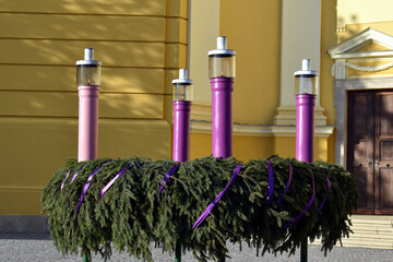 Large Advent wreath outside the Cathedral Basilica of St. Mary in Oradea, Romania