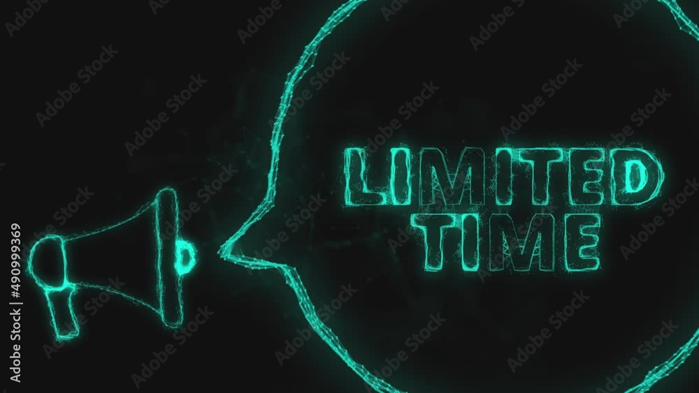 Poster Megaphone banner with speech bubble and text limited time. Plexus style of green glowing dots and lines