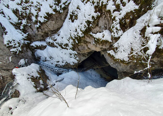 entrance to Scarisoara cave - Romania in winter