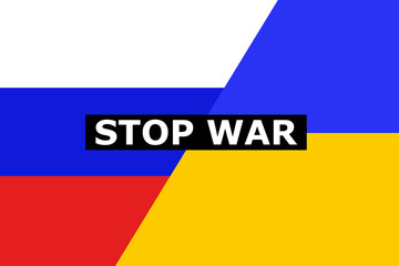 Illustration of the flag of Ukraine against the background of the flags of Russia, stop the war. The crisis of the trade tariff war, relations, cooperation strategy.
