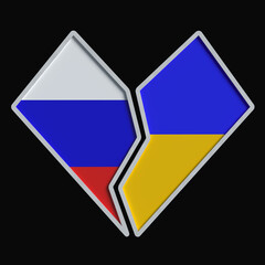No war. the flag of Ukraine and the flag of Russia in the shape of a heart, 3d render