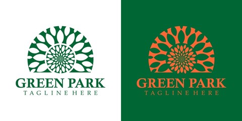 green park logo design. tree, leaf, root with negative space style. suitable for urban green park logo.