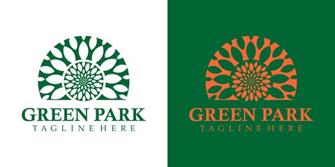 green park logo design. tree, leaf, root with negative space style. suitable for urban green park logo.