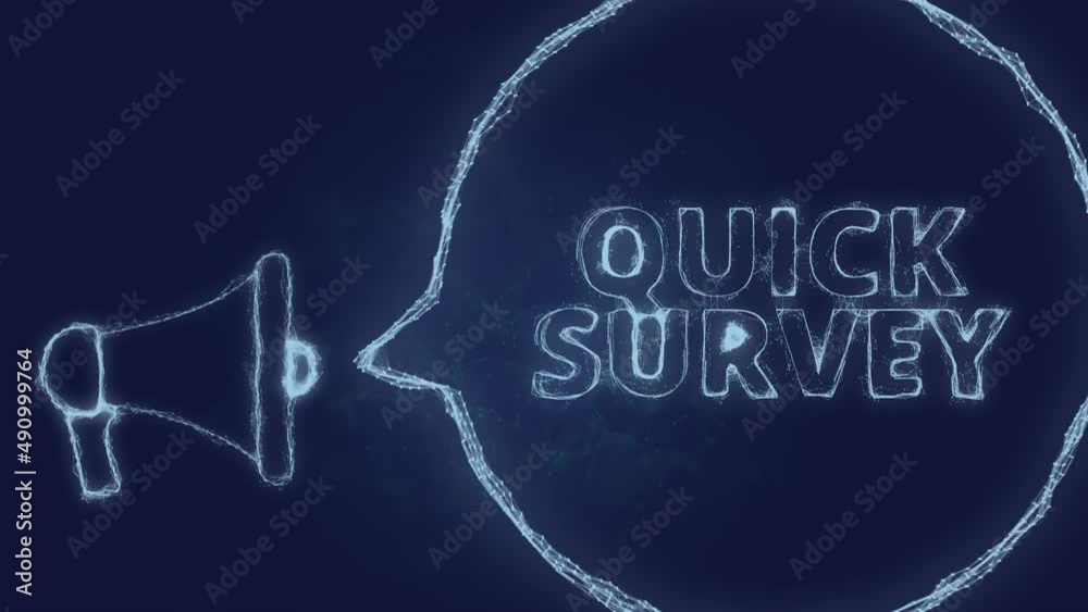 Poster Megaphone banner with speech bubble and text quick survey. Plexus style of green glowing dots and lines