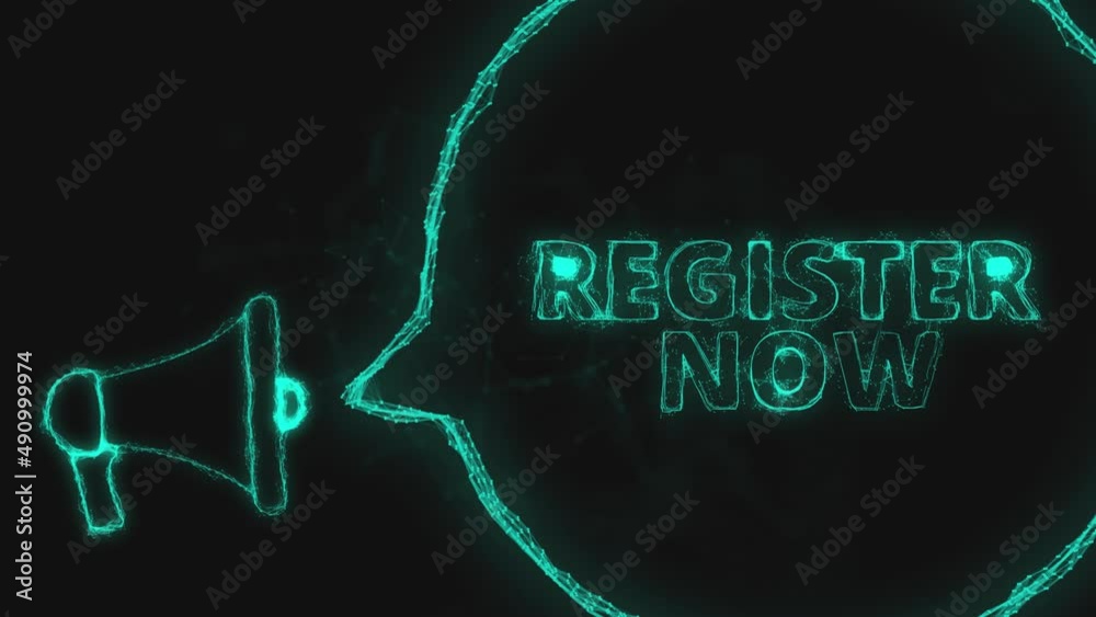 Poster Megaphone banner with speech bubble and text register now. Plexus style of green glowing dots and lines