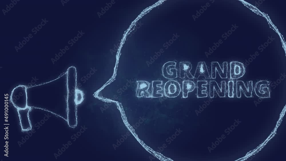 Poster Megaphone banner with speech bubble and text grand reopening. Plexus style of green glowing dots and lines