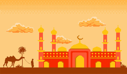 pixel art of ramadan month there are magnificent mosque buildings, camels under the clouds and beautiful sky