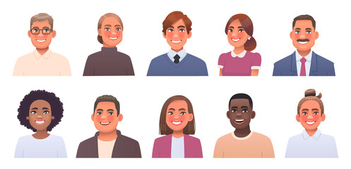 Set of business people portraits. Collection of avatars of men and women of different nationalities. Office workers characters
