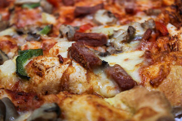 food background pizza texture close up of Pizza with mozzarella ham mushrooms and vegetables texture