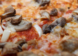 food background pizza texture close up of Pizza with mozzarella ham mushrooms and vegetables texture