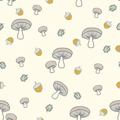 Autumn hand drawn mushrooms seamless pattern with acorn and leaves background © Fardeen_Ehsan