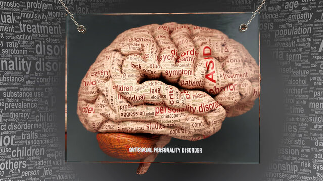 Antisocial personality disorder anatomy - its causes and effects projected on a human brain revealing its complexity and relation to human mind., 3d illustration