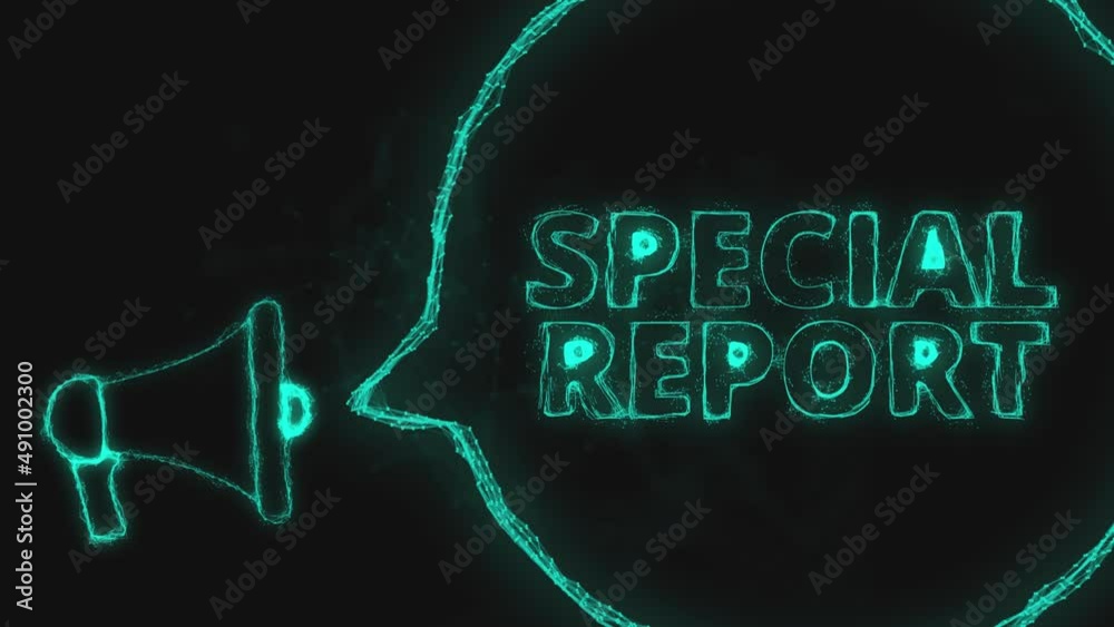 Poster Megaphone banner with speech bubble and text special report. Plexus style of green glowing dots and lines