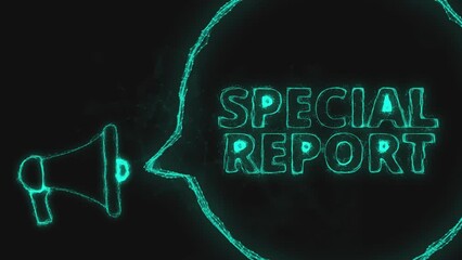 Megaphone banner with speech bubble and text special report. Plexus style of green glowing dots and lines