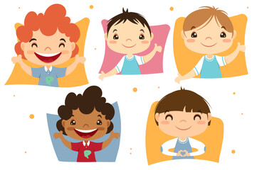 A set of illustrations with children. Children's portraits in cartoon style. Happy children. Poster. Children's Day greeting card.