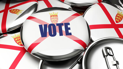 Vote in Jersey - national flag of Jersey on dozens of pinback buttons symbolizing upcoming Vote in this country. , 3d illustration