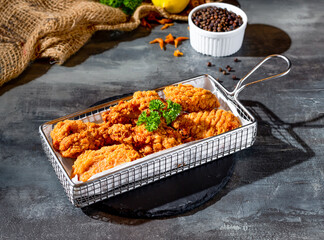 Spicy Crispy Wings with black pepper in deep fryer dish side view on dark background fast food