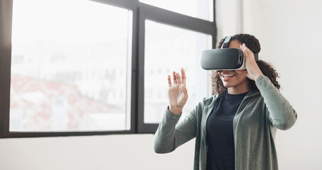 Young woman using virtual reality headset at home panoramic banner, VR, future gadgets, technology, virtual event, education, study, learning, video game concept