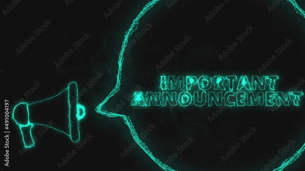 Poster Megaphone banner with speech bubble and text important announcement. Plexus style of green glowing dots and lines