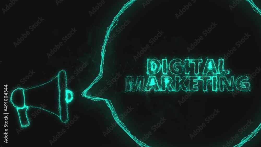Poster Megaphone banner with speech bubble and text digital marketing. Plexus style of green glowing dots and lines