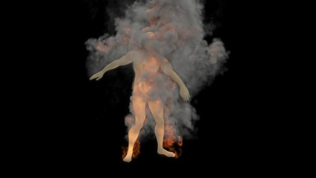 Fire and smoke come from a red-hot silhouette of a dancing man on a black background.