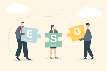 The ESG concept businessmen try to combine on a jigsaw. Environmental, Social and Governance in Sustainable and Ethical Business on Network Green Background