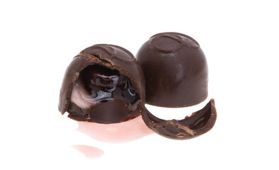 cherry with liquor in chocolate isolated