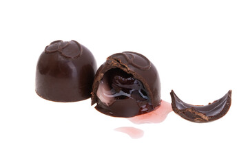 cherry with liquor in chocolate isolated
