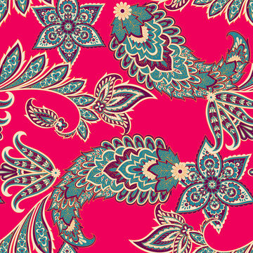 Traditional seamless paisley pattern. Vector Indian floral ornament.