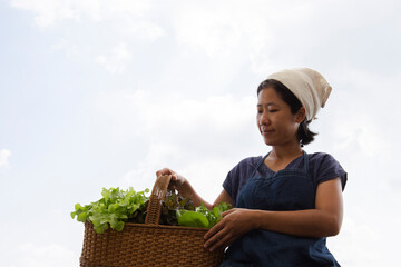 Asian Woman holding a basket of vegetables