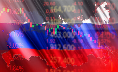 Russia flags war crisis and conflict.Russia's stock market International situation theme severely affecting stock markets and crypto currency market
