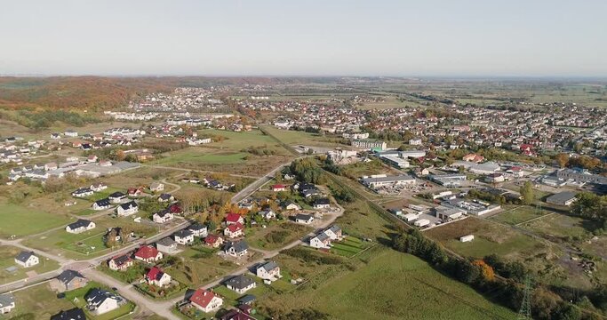 Aerial panorama view over small town in north of Poland, Reda, central Europe