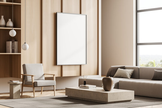 Light relaxing room interior with seats and window. Mockup frame