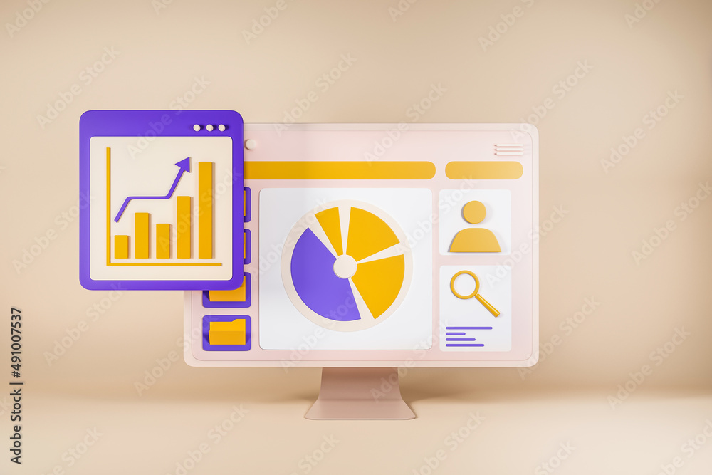Poster computer screen with widget, financial data and graphs