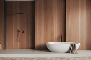 Naklejka na ściany i meble Wooden bathroom interior with bathtub and shower. Empty wall