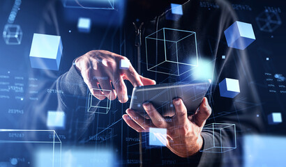 Hacker hands with tablet, data blocks in cyberspace, information fields