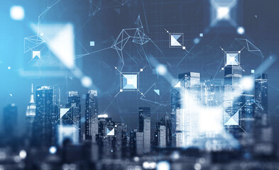 New York city skyscrapers financial downtown panoramic view. Digital interface