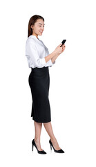 Businesswoman with phone in hands, smiling isolated over white background