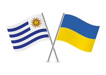 Uruguay and Ukraine crossed flags. Uruguayan and Ukrainian flags, isolated on white background. Vector icon set. Vector illustration.