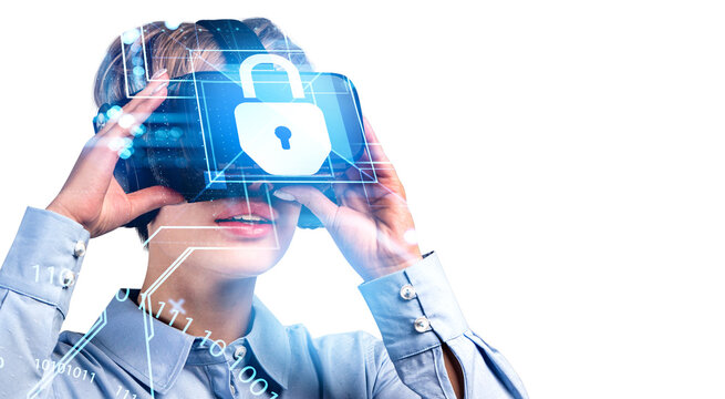 Woman in vr glasses, cybersecurity hologram and lock with binary. Copy space