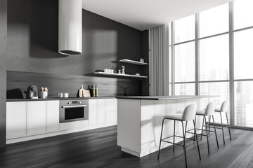 Kitchen interior with table and bar seats, shelves and panoramic window