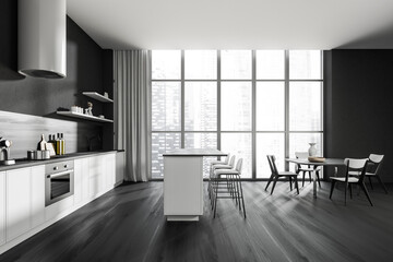 Dark kitchen room interior with eating island, barstools, panoramic window