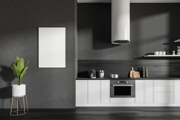 Grey kitchen interior with hood and kitchenware. Mockup frame - obrazy, fototapety, plakaty