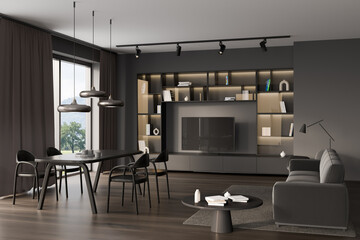 Living room interior with table and seats, sofa and shelf with tv set